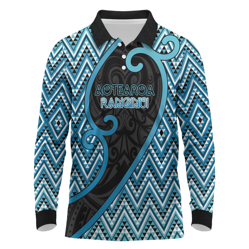 Custom Aotearoa Atua Ranginui Long Sleeve Polo Shirt Maori Sky Father Koru Patterns DT05 Blue - Polynesian Pride