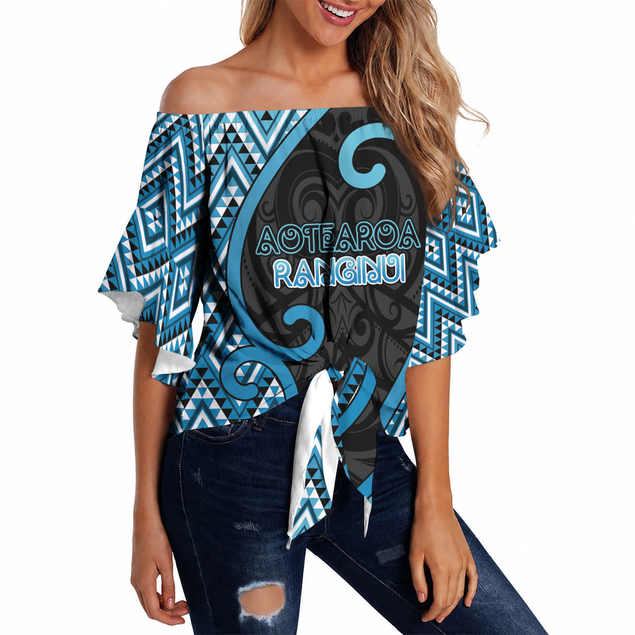 Custom Aotearoa Atua Ranginui Off Shoulder Wrap Waist Top Maori Sky Father Koru Patterns DT05 Blue - Polynesian Pride