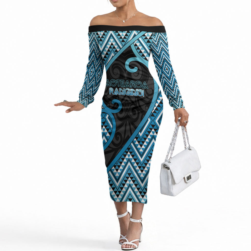 Custom Aotearoa Atua Ranginui Off The Shoulder Long Sleeve Dress Maori Sky Father Koru Patterns DT05 Women Blue - Polynesian Pride