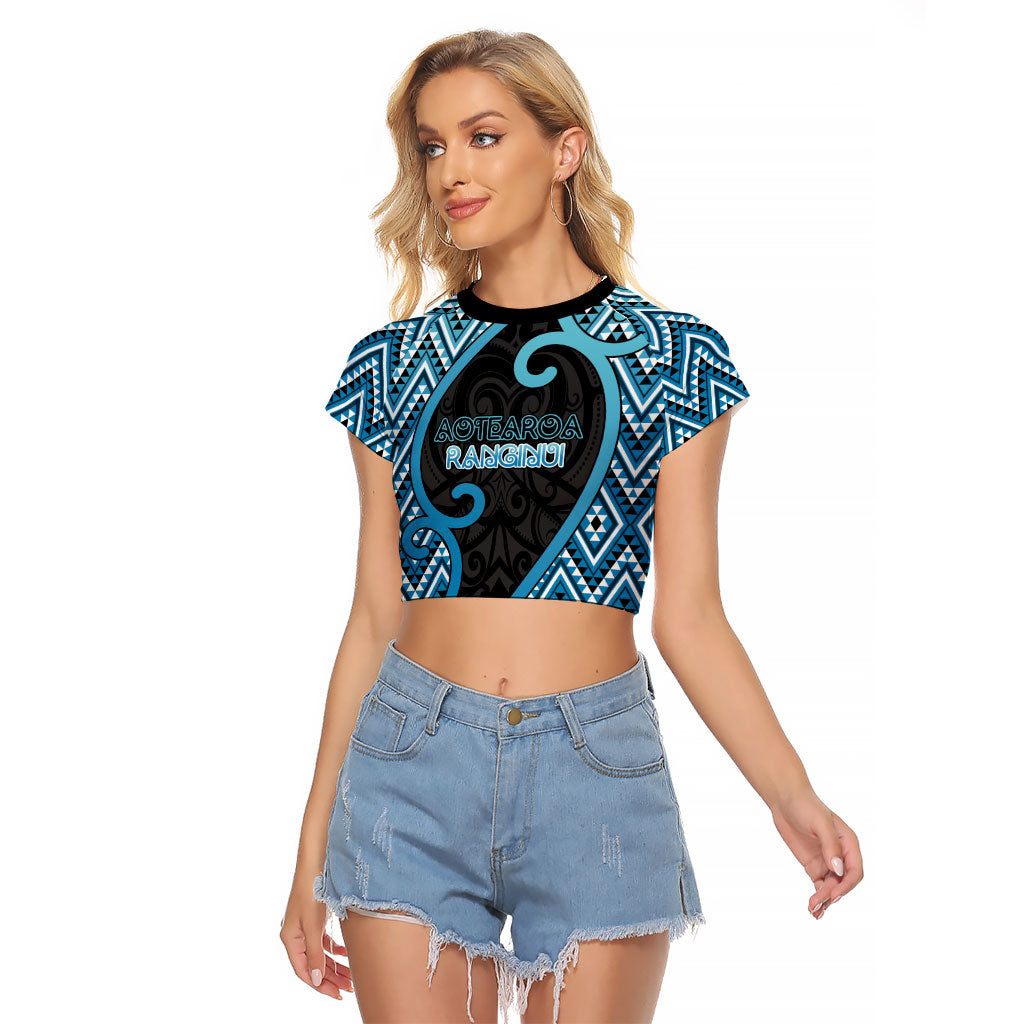 Custom Aotearoa Atua Ranginui Raglan Cropped T Shirt Maori Sky Father Koru Patterns DT05 Female Blue - Polynesian Pride