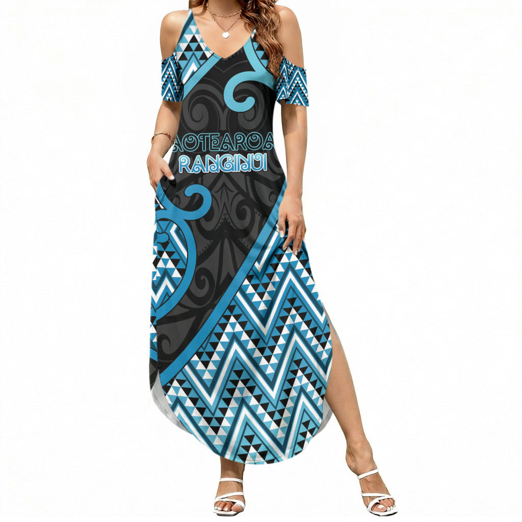 Custom Aotearoa Atua Ranginui Summer Maxi Dress Maori Sky Father Koru Patterns DT05 Women Blue - Polynesian Pride