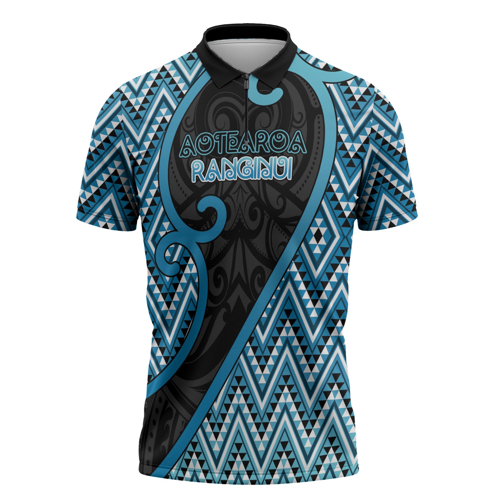 Custom Aotearoa Atua Ranginui Zipper Polo Shirt Maori Sky Father Koru Patterns DT05 Blue - Polynesian Pride
