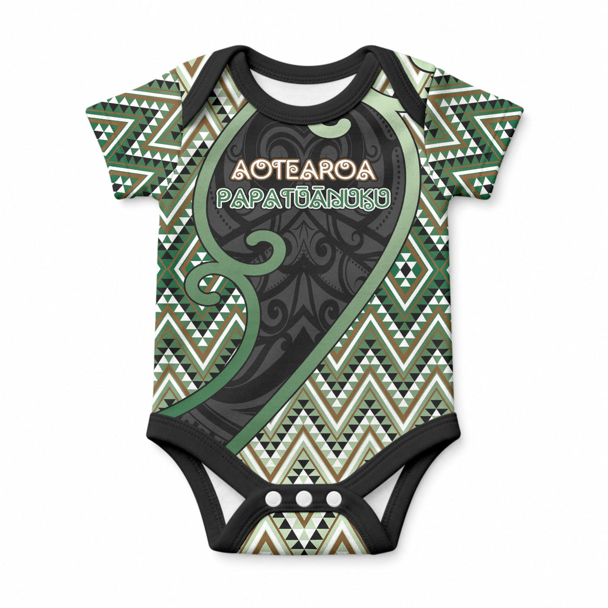 Custom Aotearoa Atua Papatuanuku Baby Onesie Earth Mother Father Koru Patterns DT05 Green - Polynesian Pride