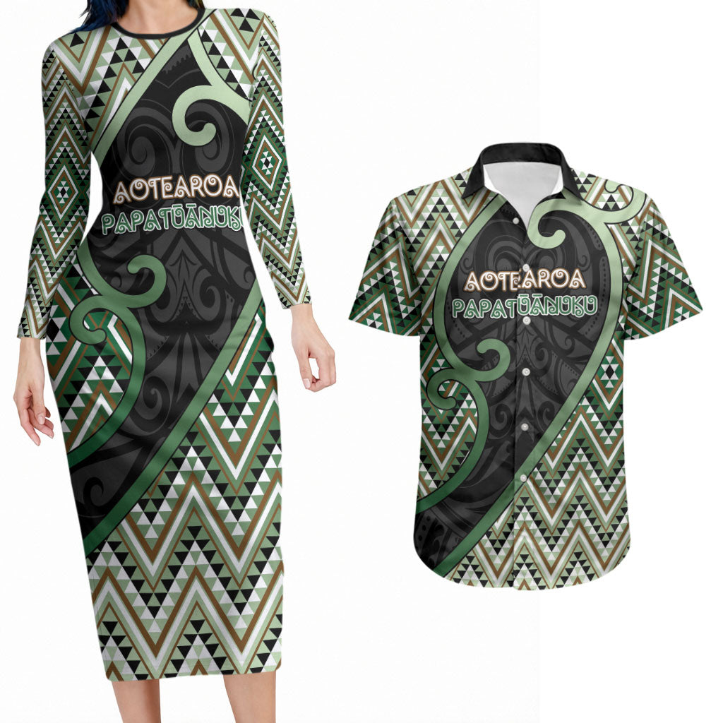 Custom Aotearoa Atua Papatuanuku Couples Matching Long Sleeve Bodycon Dress and Hawaiian Shirt Earth Mother Father Koru Patterns DT05 Green - Polynesian Pride