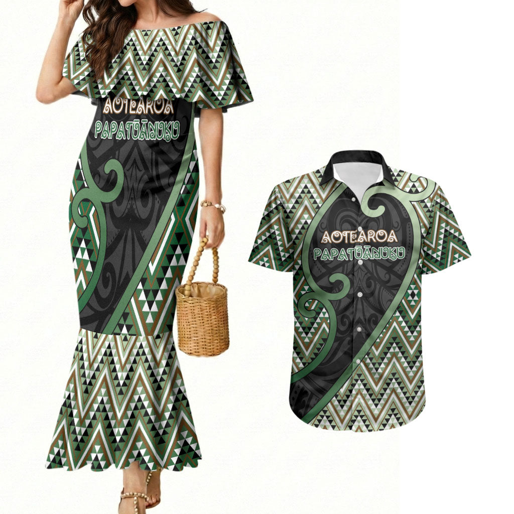 Custom Aotearoa Atua Papatuanuku Couples Matching Mermaid Dress and Hawaiian Shirt Earth Mother Father Koru Patterns DT05 Green - Polynesian Pride