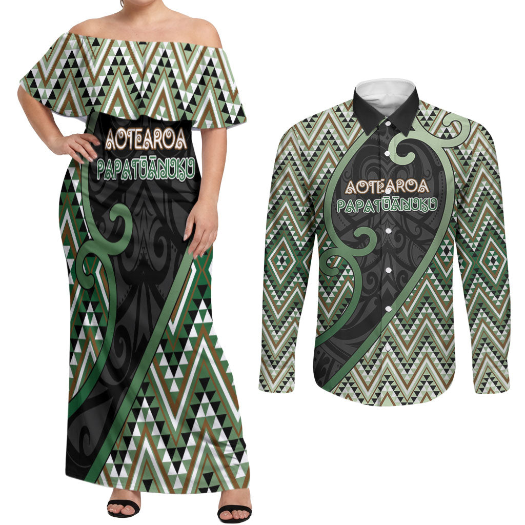 Custom Aotearoa Atua Papatuanuku Couples Matching Off Shoulder Maxi Dress and Long Sleeve Button Shirt Earth Mother Father Koru Patterns DT05 Green - Polynesian Pride
