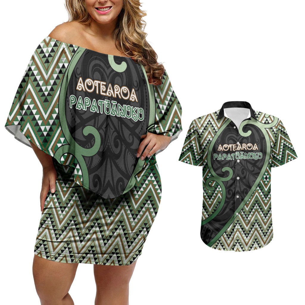 Custom Aotearoa Atua Papatuanuku Couples Matching Off Shoulder Short Dress and Hawaiian Shirt Earth Mother Father Koru Patterns DT05 Green - Polynesian Pride