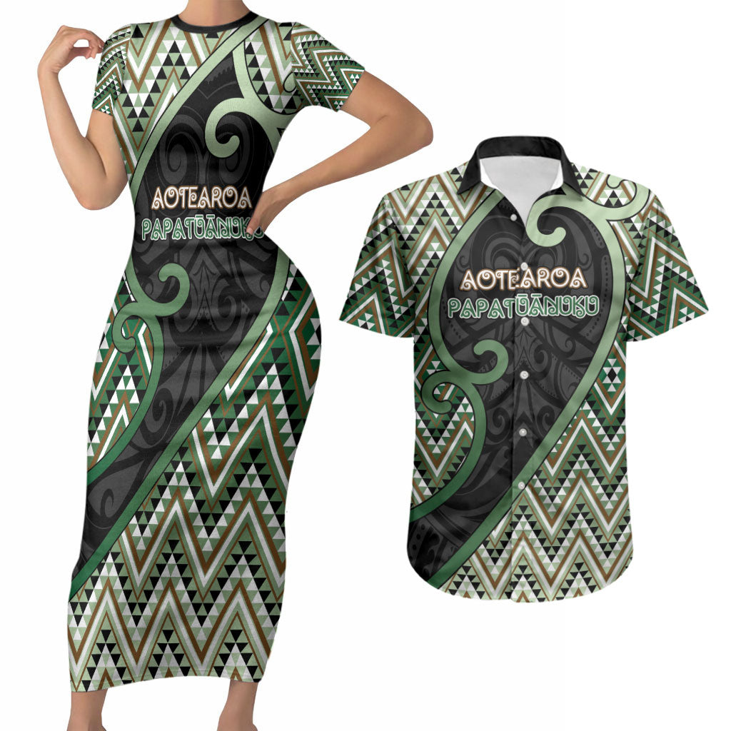Custom Aotearoa Atua Papatuanuku Couples Matching Short Sleeve Bodycon Dress and Hawaiian Shirt Earth Mother Father Koru Patterns DT05 Green - Polynesian Pride