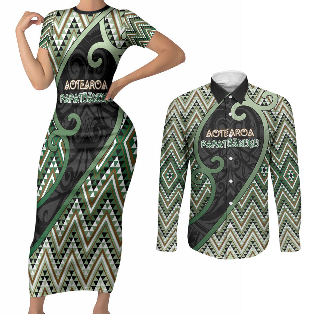 Custom Aotearoa Atua Papatuanuku Couples Matching Short Sleeve Bodycon Dress and Long Sleeve Button Shirt Earth Mother Father Koru Patterns DT05 Green - Polynesian Pride