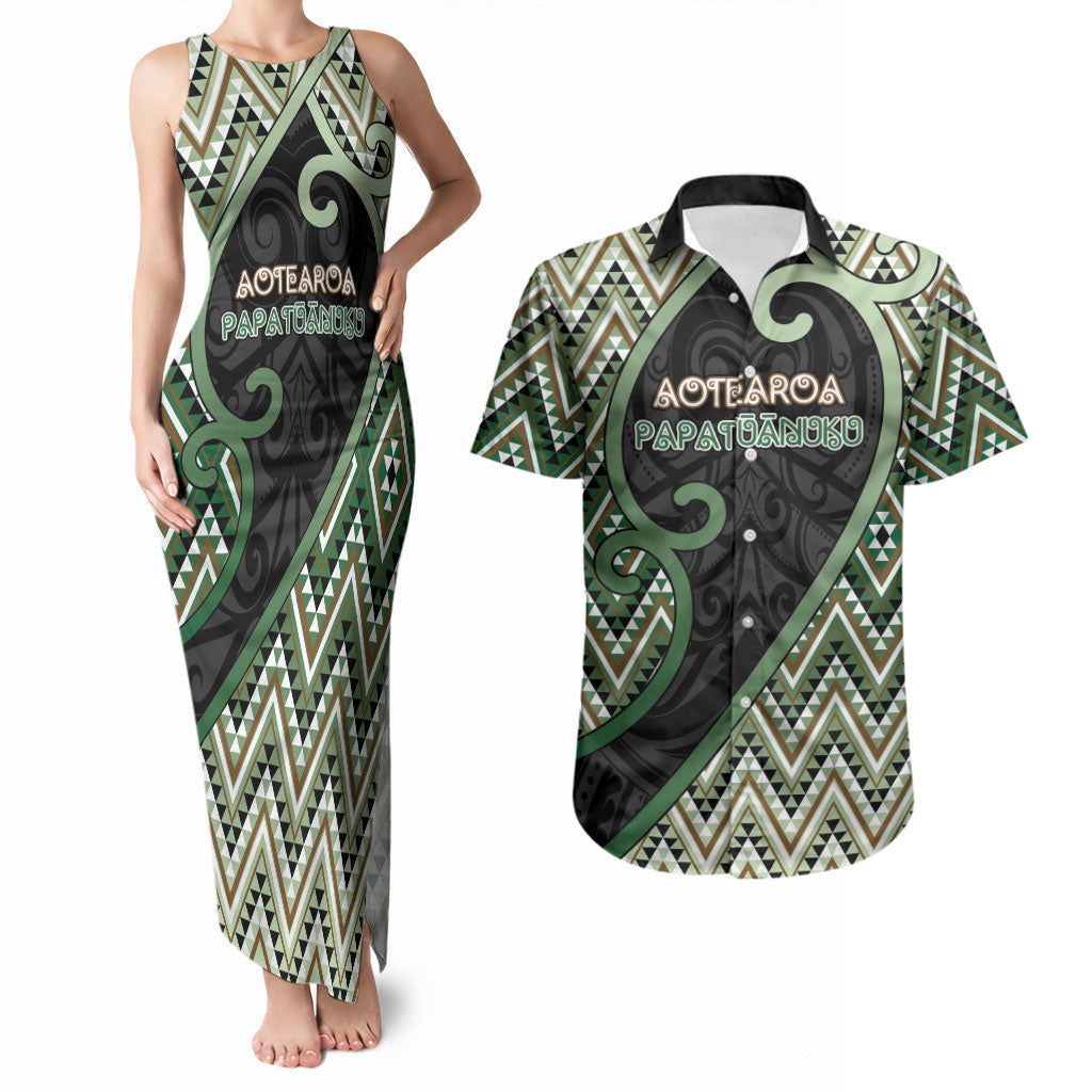 Custom Aotearoa Atua Papatuanuku Couples Matching Tank Maxi Dress and Hawaiian Shirt Earth Mother Father Koru Patterns DT05 Green - Polynesian Pride