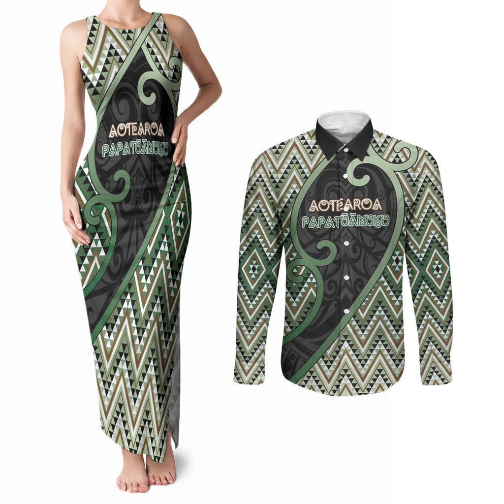 Custom Aotearoa Atua Papatuanuku Couples Matching Tank Maxi Dress and Long Sleeve Button Shirt Earth Mother Father Koru Patterns DT05 Green - Polynesian Pride