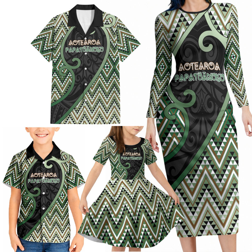 Custom Aotearoa Atua Papatuanuku Family Matching Long Sleeve Bodycon Dress and Hawaiian Shirt Earth Mother Father Koru Patterns DT05 - Polynesian Pride