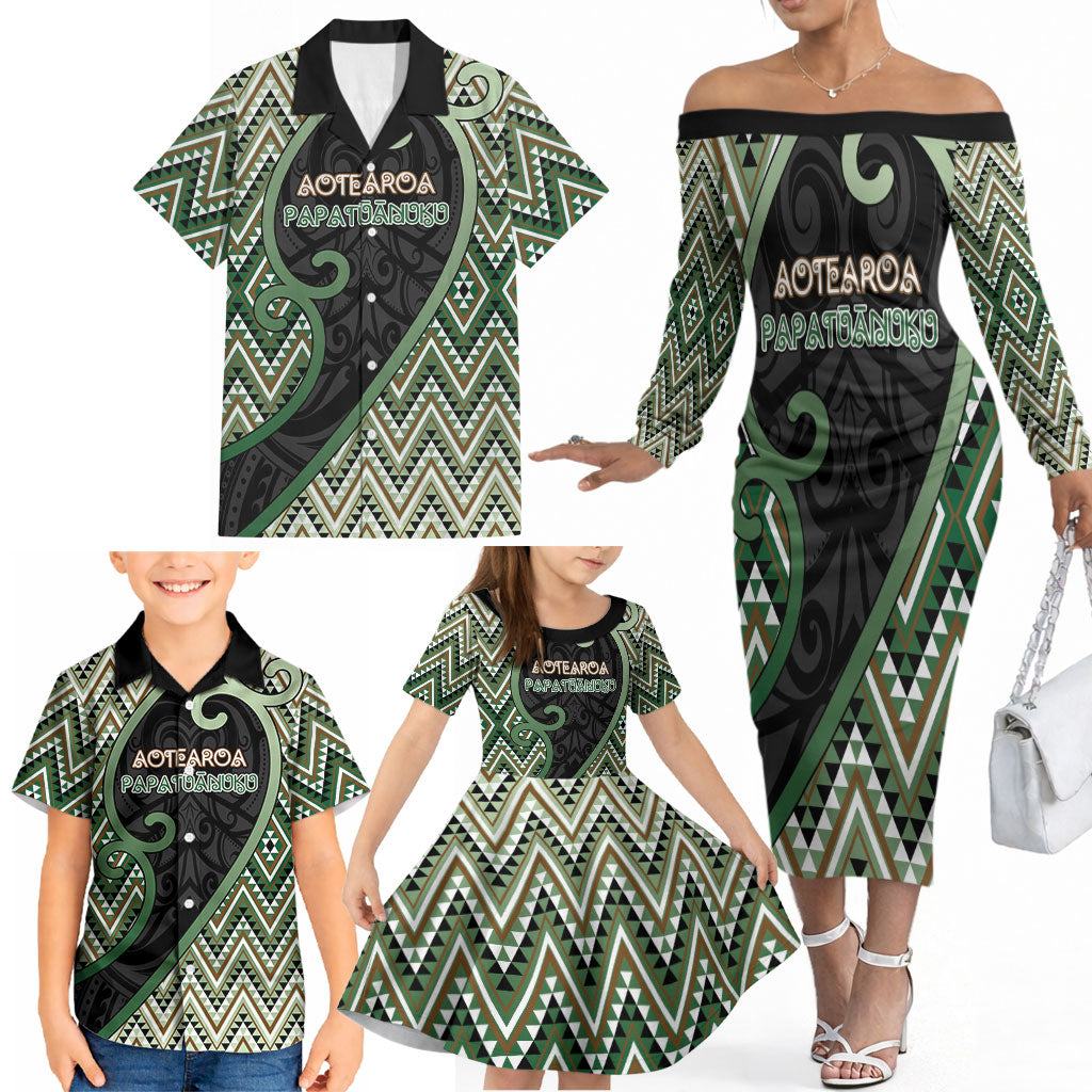 Custom Aotearoa Atua Papatuanuku Family Matching Off The Shoulder Long Sleeve Dress and Hawaiian Shirt Earth Mother Father Koru Patterns DT05 - Polynesian Pride