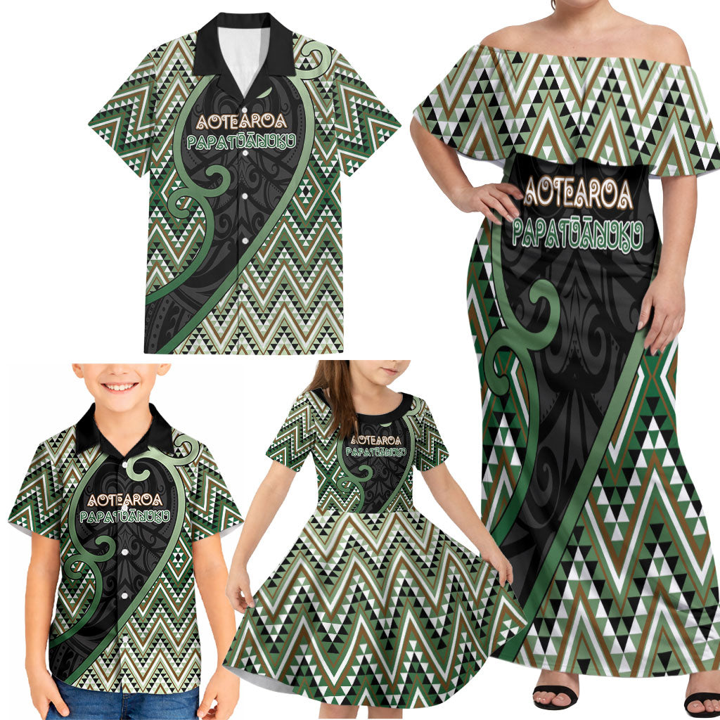 Custom Aotearoa Atua Papatuanuku Family Matching Off Shoulder Maxi Dress and Hawaiian Shirt Earth Mother Father Koru Patterns