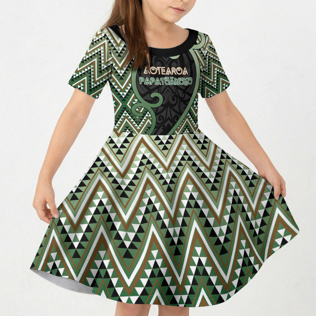 Custom Aotearoa Atua Papatuanuku Kid Short Sleeve Dress Earth Mother Father Koru Patterns DT05 KID Green - Polynesian Pride