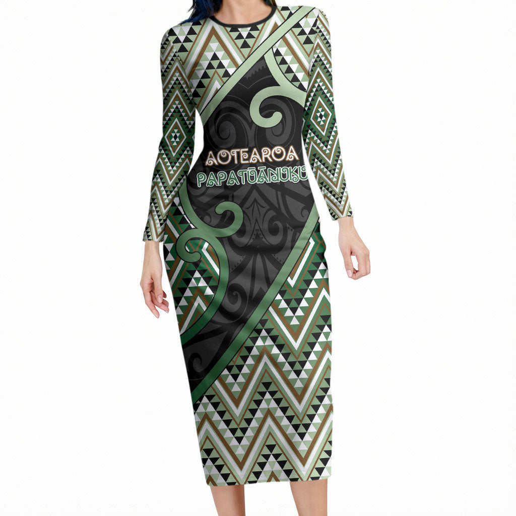Custom Aotearoa Atua Papatuanuku Long Sleeve Bodycon Dress Earth Mother Father Koru Patterns