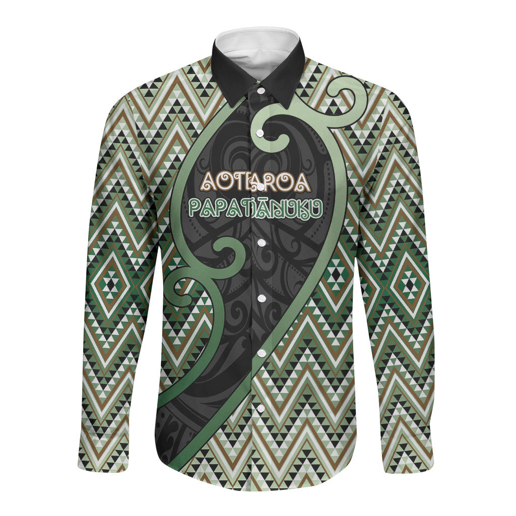 Custom Aotearoa Atua Papatuanuku Long Sleeve Button Shirt Earth Mother Father Koru Patterns DT05 Unisex Green - Polynesian Pride