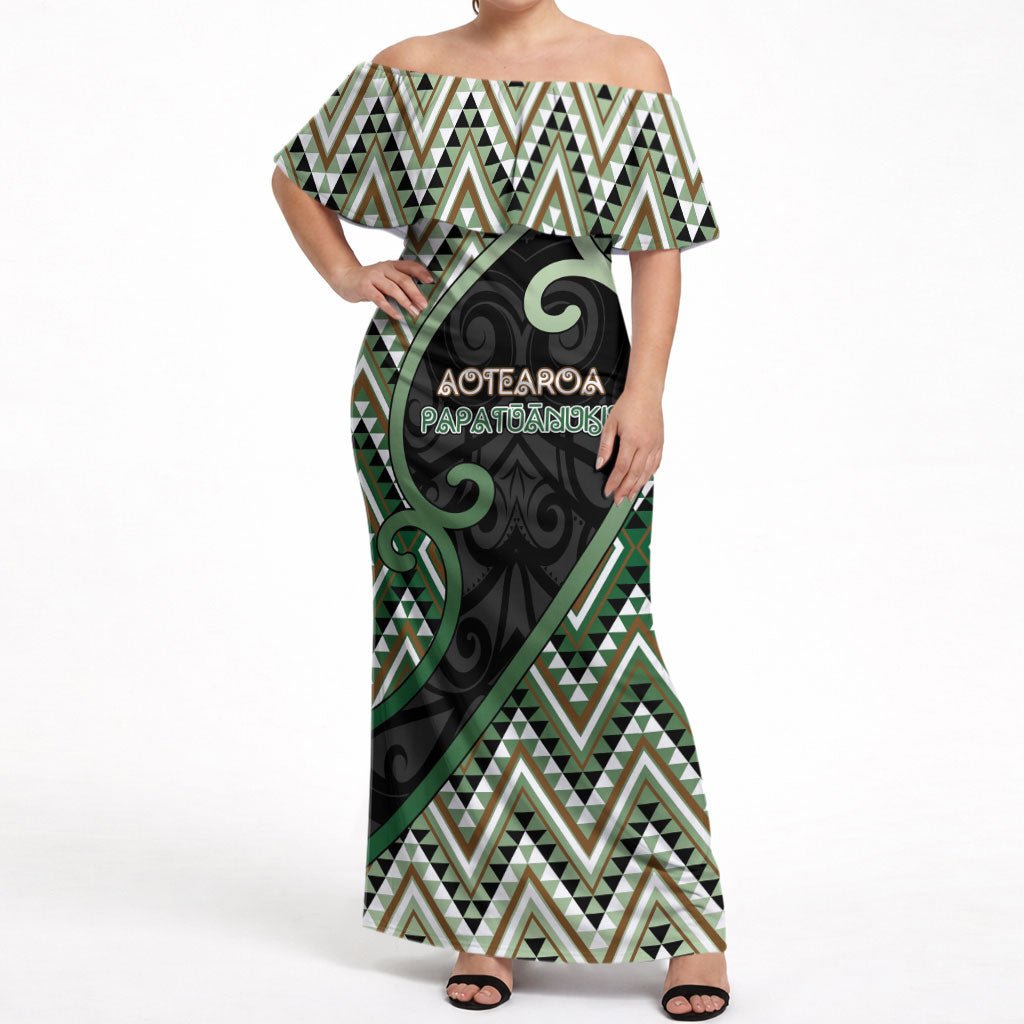 Custom Aotearoa Atua Papatuanuku Off Shoulder Maxi Dress Earth Mother Father Koru Patterns DT05 Women Green - Polynesian Pride