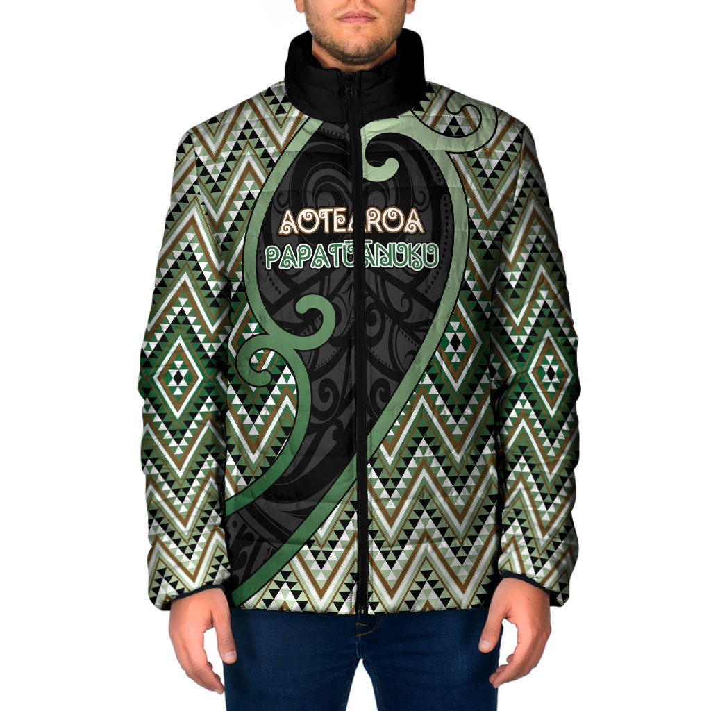 Custom Aotearoa Atua Papatuanuku Padded Jacket Earth Mother Father Koru Patterns DT05 Men Green - Polynesian Pride