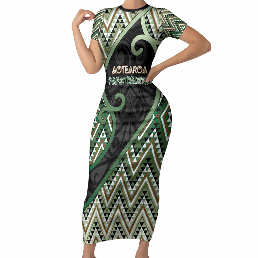 Custom Aotearoa Atua Papatuanuku Short Sleeve Bodycon Dress Earth Mother Father Koru Patterns DT05 Long Dress Green - Polynesian Pride