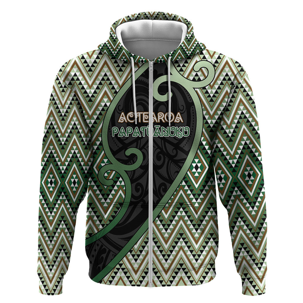 Custom Aotearoa Atua Papatuanuku Zip Hoodie Earth Mother Father Koru Patterns DT05 Zip Hoodie Green - Polynesian Pride