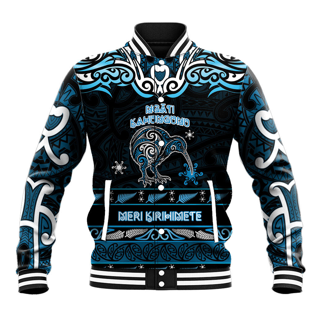 Personalised Ngati Kahungunu Aotearoa Meri Kirihimete Baseball Jacket Maori Kiwi Bird Silver Fern Koru Pattern DT05 Unisex Blue - Polynesian Pride