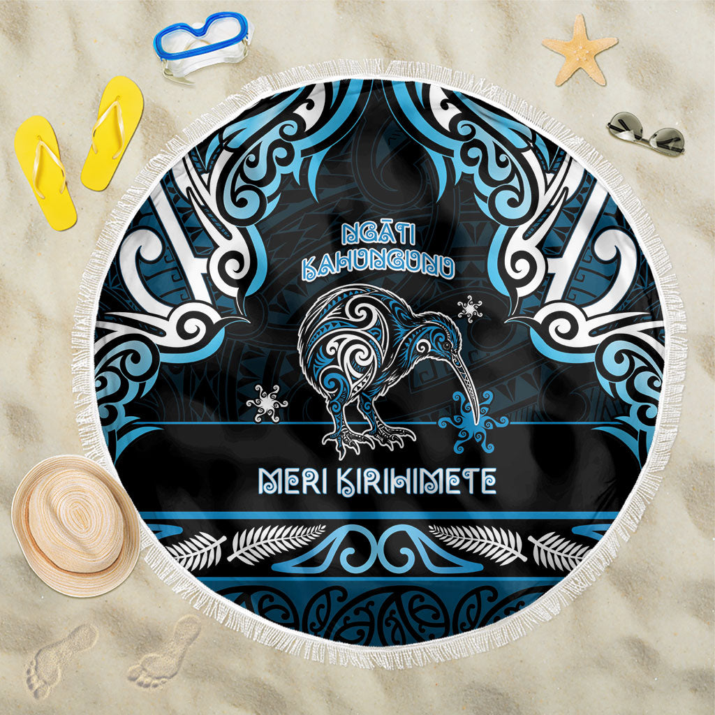 Ngati Kahungunu Aotearoa Meri Kirihimete Beach Blanket Maori Kiwi Bird Silver Fern Koru Pattern DT05 One Size 150cm Blue - Polynesian Pride