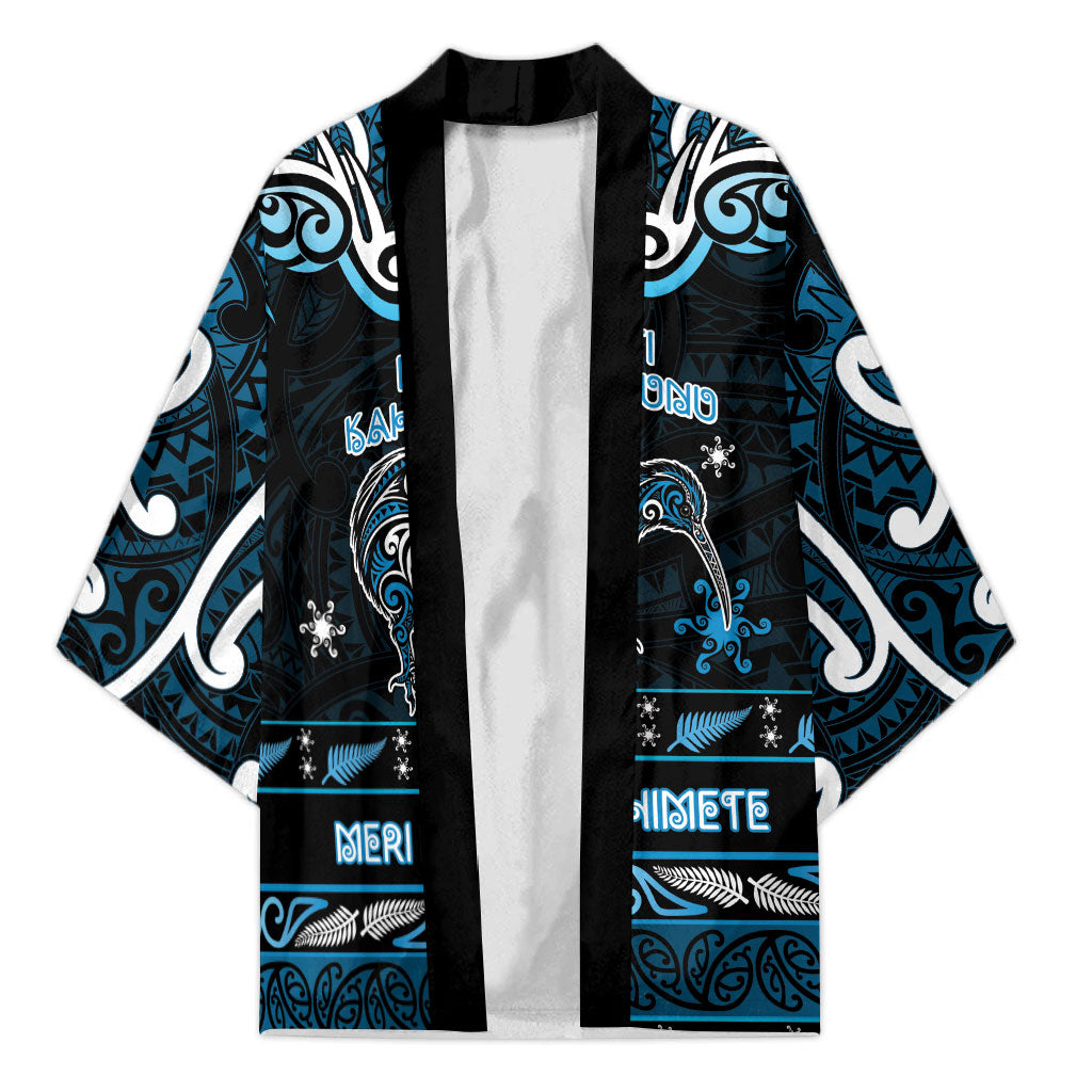 Personalised Ngati Kahungunu Aotearoa Meri Kirihimete Kimono Maori Kiwi Bird Silver Fern Koru Pattern DT05 Unisex Blue - Polynesian Pride