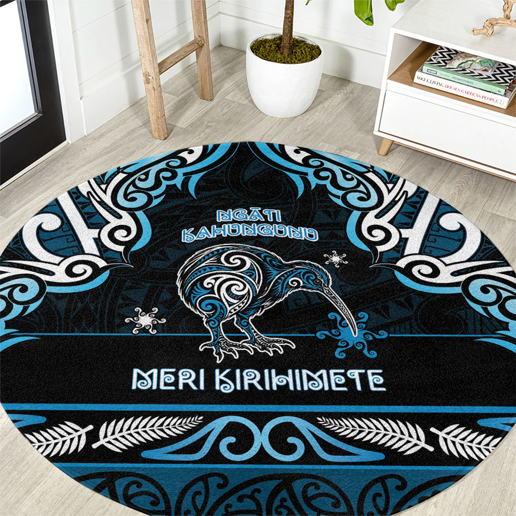 Ngati Kahungunu Aotearoa Meri Kirihimete Round Carpet Maori Kiwi Bird Silver Fern Koru Pattern DT05 Blue - Polynesian Pride