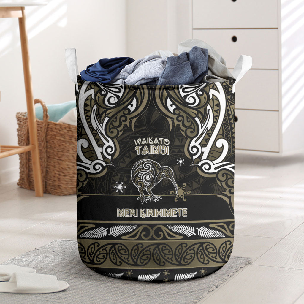 Waikato Tainui Aotearoa Meri Kirihimete Laundry Basket Maori Kiwi Bird Silver Fern Koru Pattern DT05 Gold - Polynesian Pride