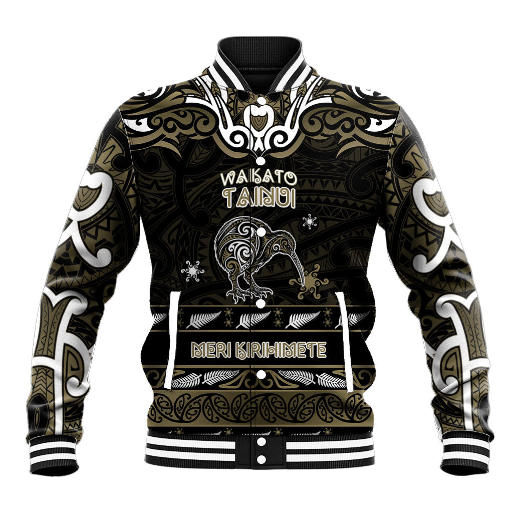 Personalised Waikato Tainui Aotearoa Meri Kirihimete Baseball Jacket Maori Kiwi Bird Silver Fern Koru Pattern DT05 Unisex Gold - Polynesian Pride