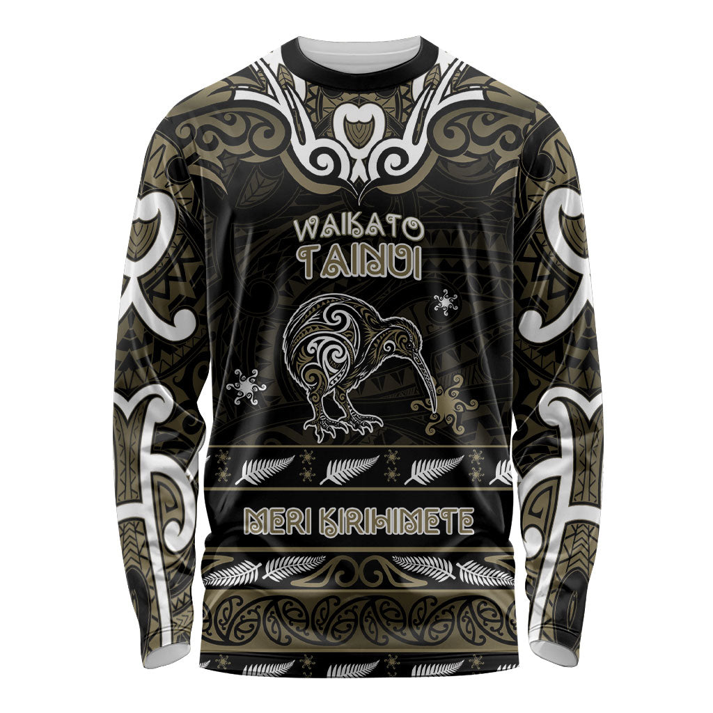 Personalised Waikato Tainui Aotearoa Meri Kirihimete Long Sleeve Shirt Maori Kiwi Bird Silver Fern Koru Pattern DT05 Unisex Gold - Polynesian Pride
