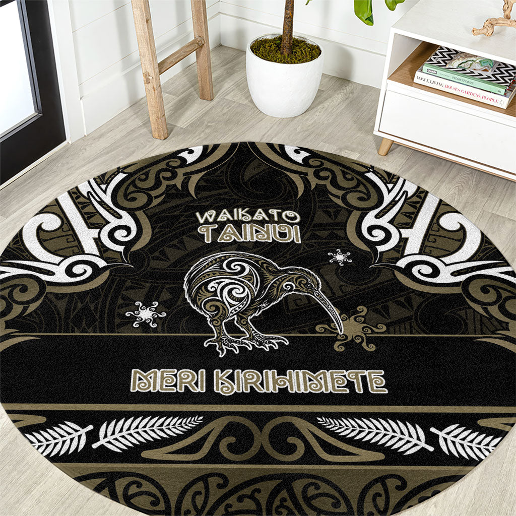 Waikato Tainui Aotearoa Meri Kirihimete Round Carpet Maori Kiwi Bird Silver Fern Koru Pattern DT05 Gold - Polynesian Pride