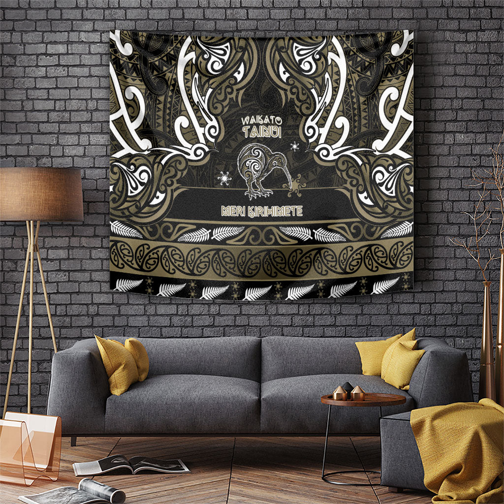 Waikato Tainui Aotearoa Meri Kirihimete Tapestry Maori Kiwi Bird Silver Fern Koru Pattern DT05 Gold - Polynesian Pride