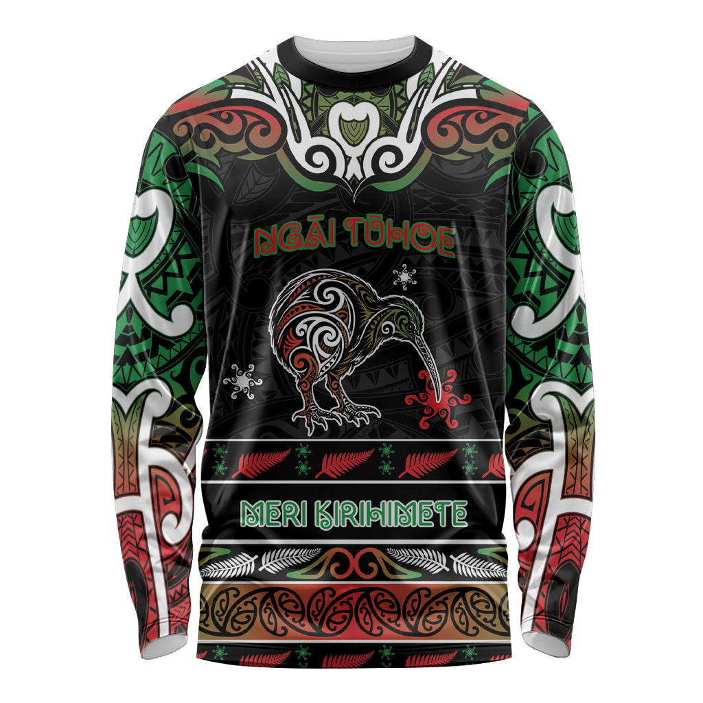 Personalised Ngai Tuhoe Aotearoa Meri Kirihimete Long Sleeve Shirt Maori Kiwi Bird Silver Fern Koru Pattern DT05 Unisex Multicolor - Polynesian Pride