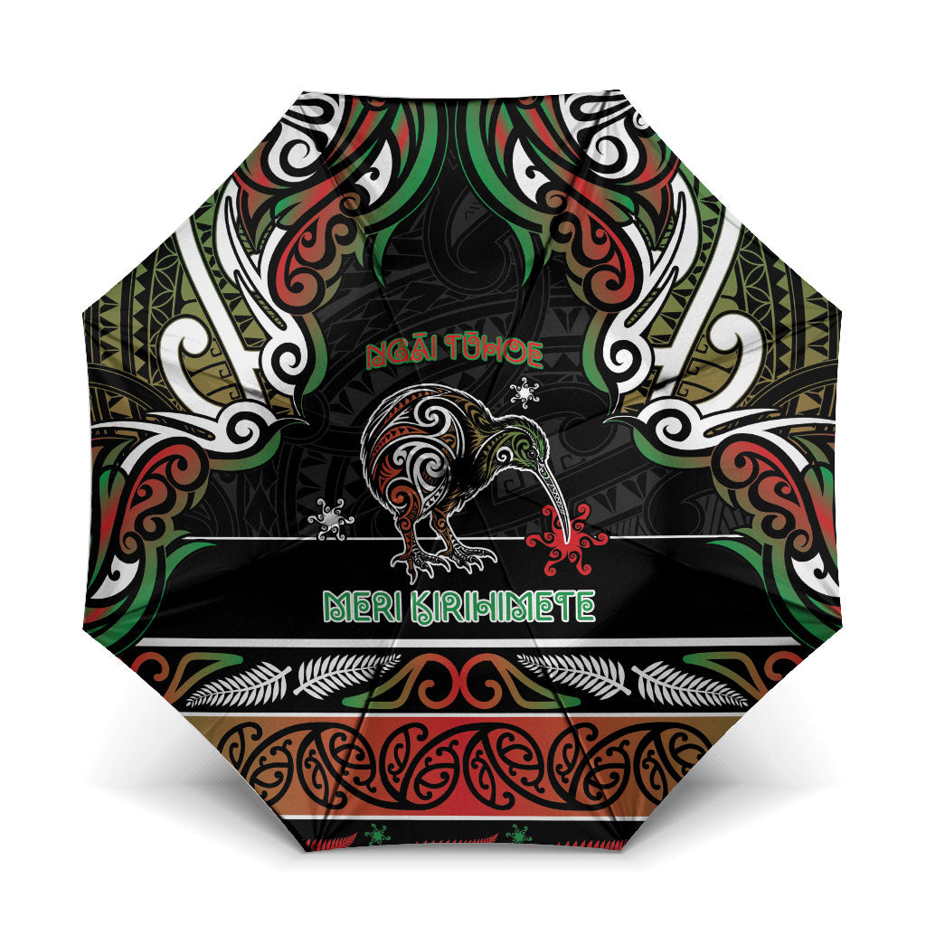 Ngai Tuhoe Aotearoa Meri Kirihimete Umbrella Maori Kiwi Bird Silver Fern Koru Pattern DT05 One Size Folded 11.42 inch Opened Diameter 37.4 inch Multicolor - Polynesian Pride