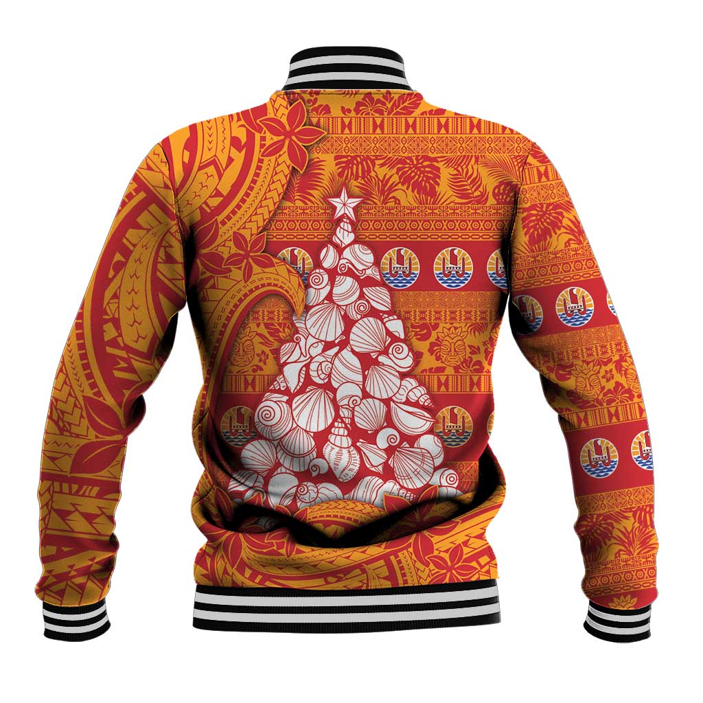 French Polynesia Christmas Baseball Jacket Seashell Xmas Tree Tribal Waves - Polynesian Pride