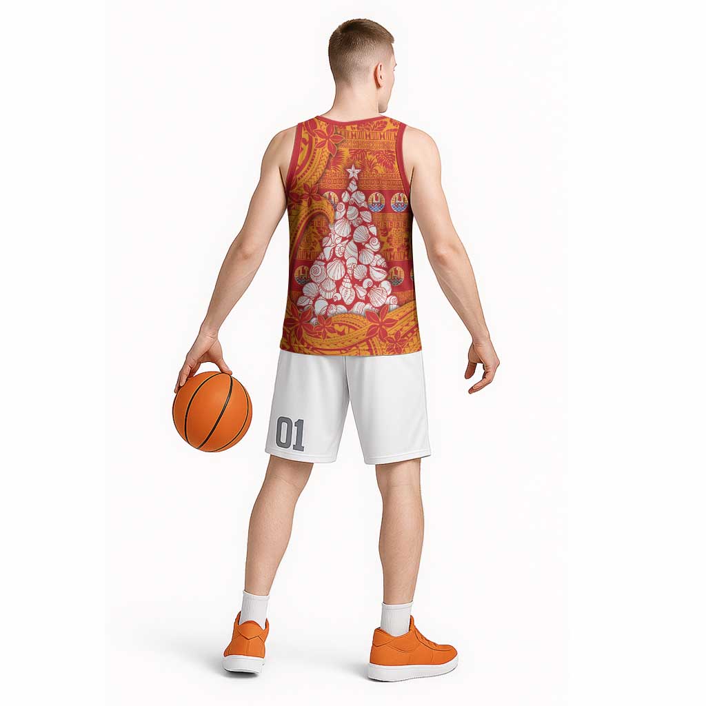 French Polynesia Christmas Basketball Jersey Seashell Xmas Tree Tribal Waves - Polynesian Pride