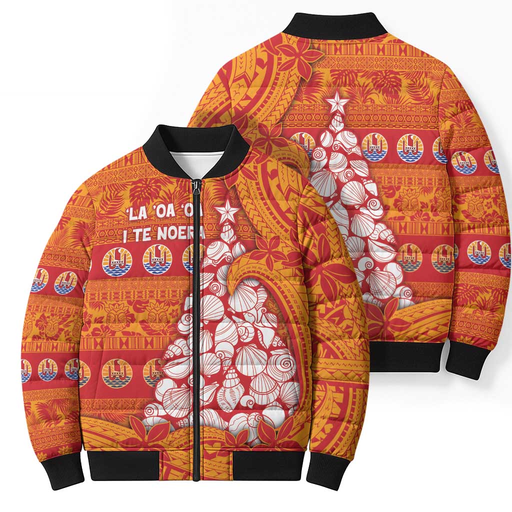 French Polynesia Christmas Bomber Puffer Jacket Seashell Xmas Tree Tribal Waves - Polynesian Pride