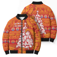 French Polynesia Christmas Bomber Puffer Jacket Seashell Xmas Tree Tribal Waves - Polynesian Pride