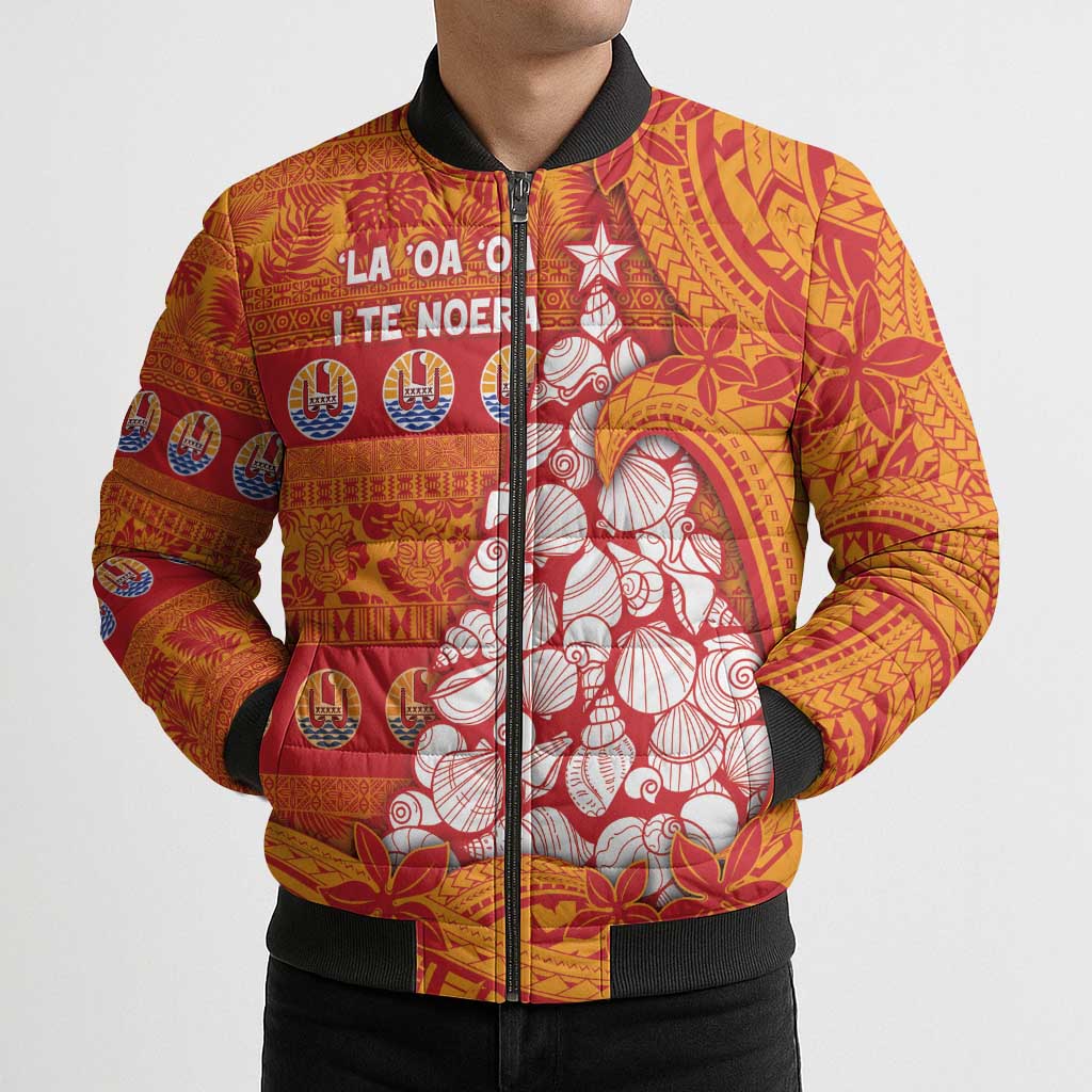 French Polynesia Christmas Bomber Puffer Jacket Seashell Xmas Tree Tribal Waves - Polynesian Pride