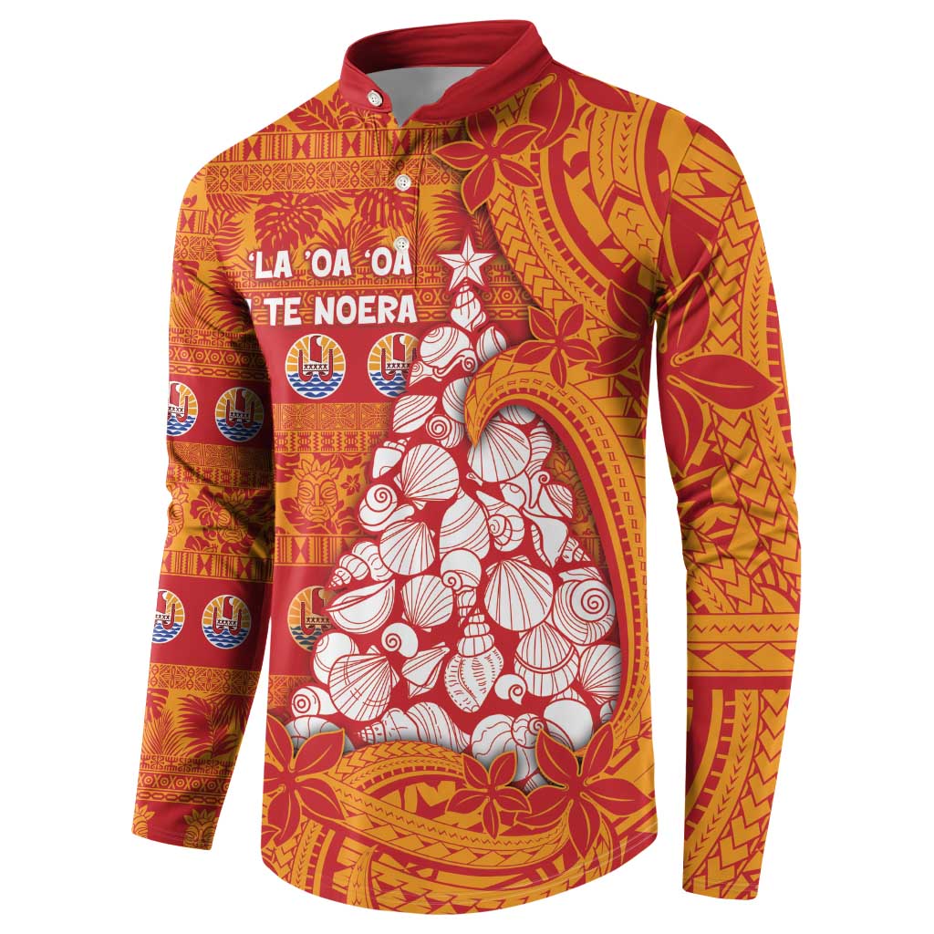 French Polynesia Christmas Button Sweatshirt Seashell Xmas Tree Tribal Waves - Polynesian Pride