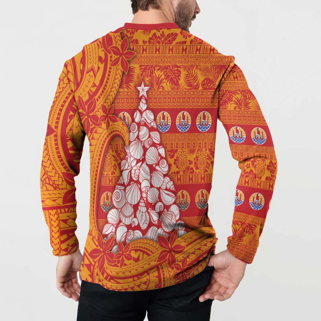 French Polynesia Christmas Button Sweatshirt Seashell Xmas Tree Tribal Waves - Polynesian Pride