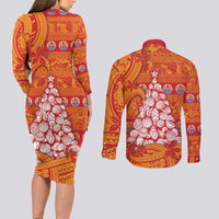 French Polynesia Christmas Couples Matching Long Sleeve Bodycon Dress and Long Sleeve Button Shirt Seashell Xmas Tree Tribal Waves - Polynesian Pride