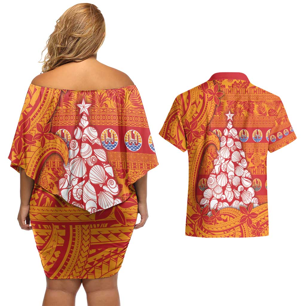 French Polynesia Christmas Couples Matching Off Shoulder Short Dress and Hawaiian Shirt Seashell Xmas Tree Tribal Waves - Polynesian Pride