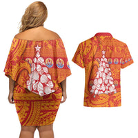 French Polynesia Christmas Couples Matching Off Shoulder Short Dress and Hawaiian Shirt Seashell Xmas Tree Tribal Waves - Polynesian Pride