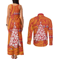 French Polynesia Christmas Couples Matching Tank Maxi Dress and Long Sleeve Button Shirt Seashell Xmas Tree Tribal Waves - Polynesian Pride
