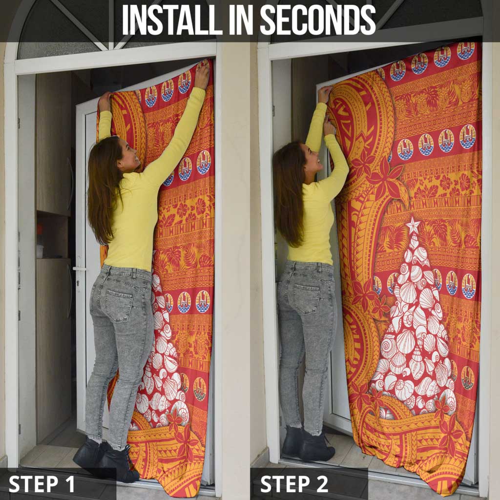 French Polynesia Christmas Door Cover Seashell Xmas Tree Tribal Waves - Polynesian Pride