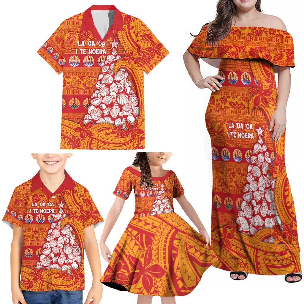 French Polynesia Christmas Family Matching Off Shoulder Maxi Dress and Hawaiian Shirt Seashell Xmas Tree Tribal Waves - Polynesian Pride