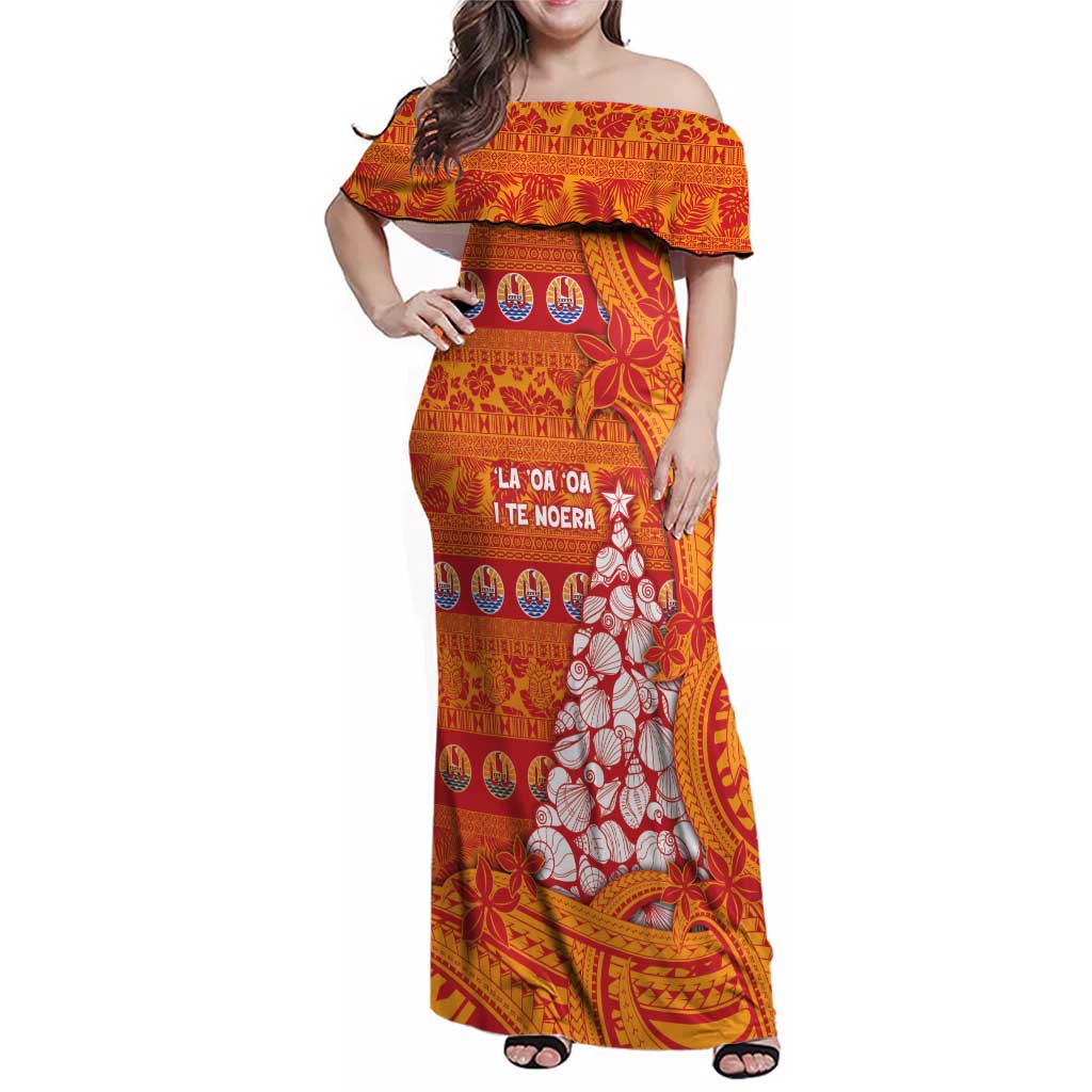 French Polynesia Christmas Family Matching Off Shoulder Maxi Dress and Hawaiian Shirt Seashell Xmas Tree Tribal Waves - Polynesian Pride